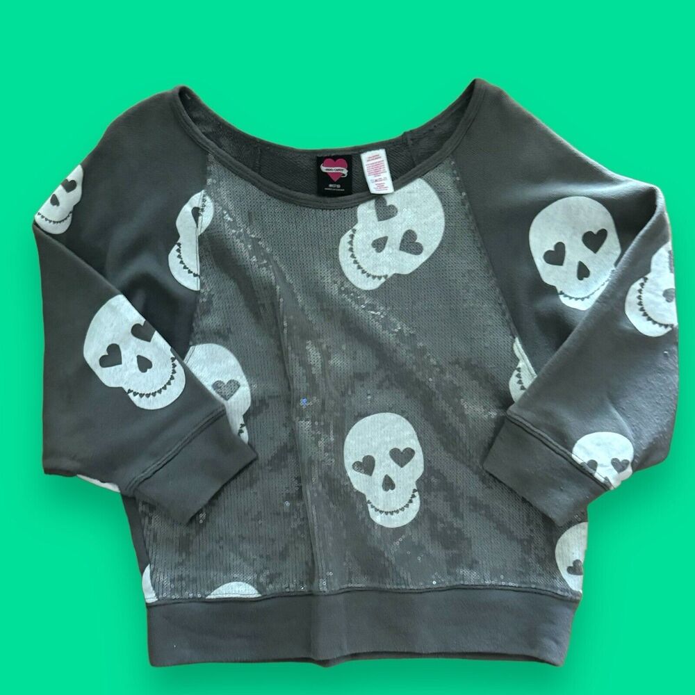Hard Candy Top Sz M 7-9 Gray Sugar Skulls Heart Sequins Crop Top Raglan Sleeves